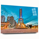 Large abstract depiction of an Argentine landscape in muted earth tones on acrylic glass.