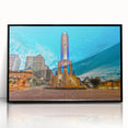 Large abstract wall art depicting a stylized South American landscape in muted earth tones, framed in black acrylic.