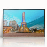 Mid-century modernist art depicting a serene Argentinian landscape in muted earth tones, framed in silver acrylic.