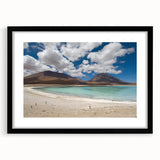 Extra large framed wall art depicting an abstract, colorful Bolivian landscape in vibrant hues, ideal for living room decor.