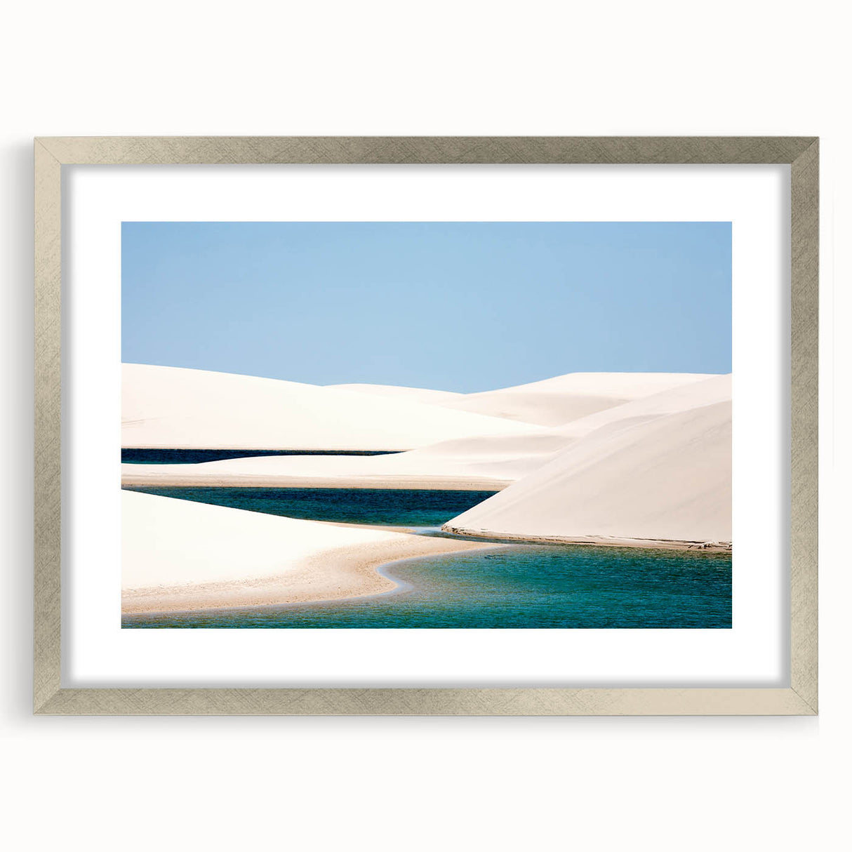 Textured abstract art print of a Brazilian landscape in muted earth tones, framed in silver, ideal for bedroom decor.