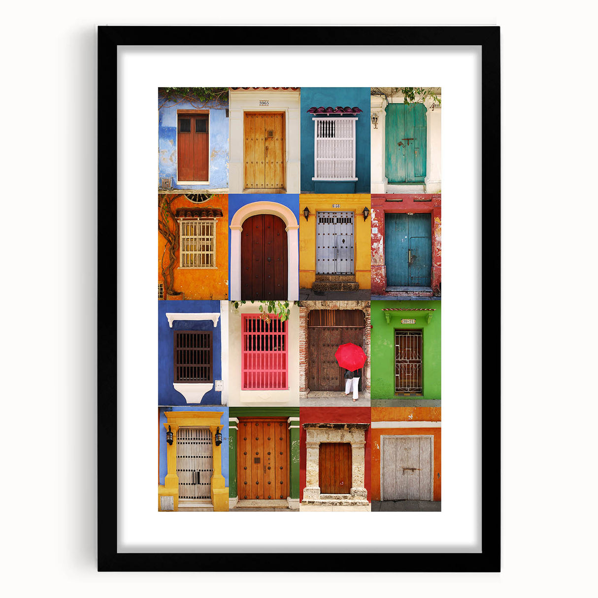Extra large, textured abstract art print of vibrant, colorful South American scenery on a black-framed canvas.