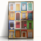 Acrylic print of a serene Colombian landscape in muted earth tones, framed in gold, suitable for modern art wall decor.