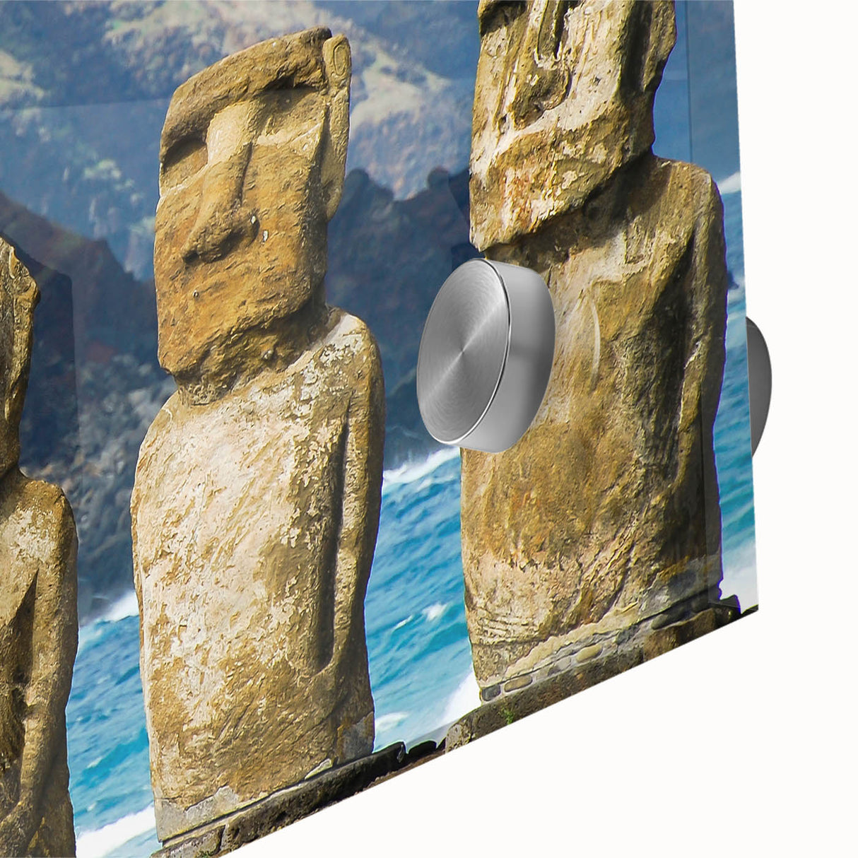 Acrylic glass print of Easter Island scenery with muted earth tones.
