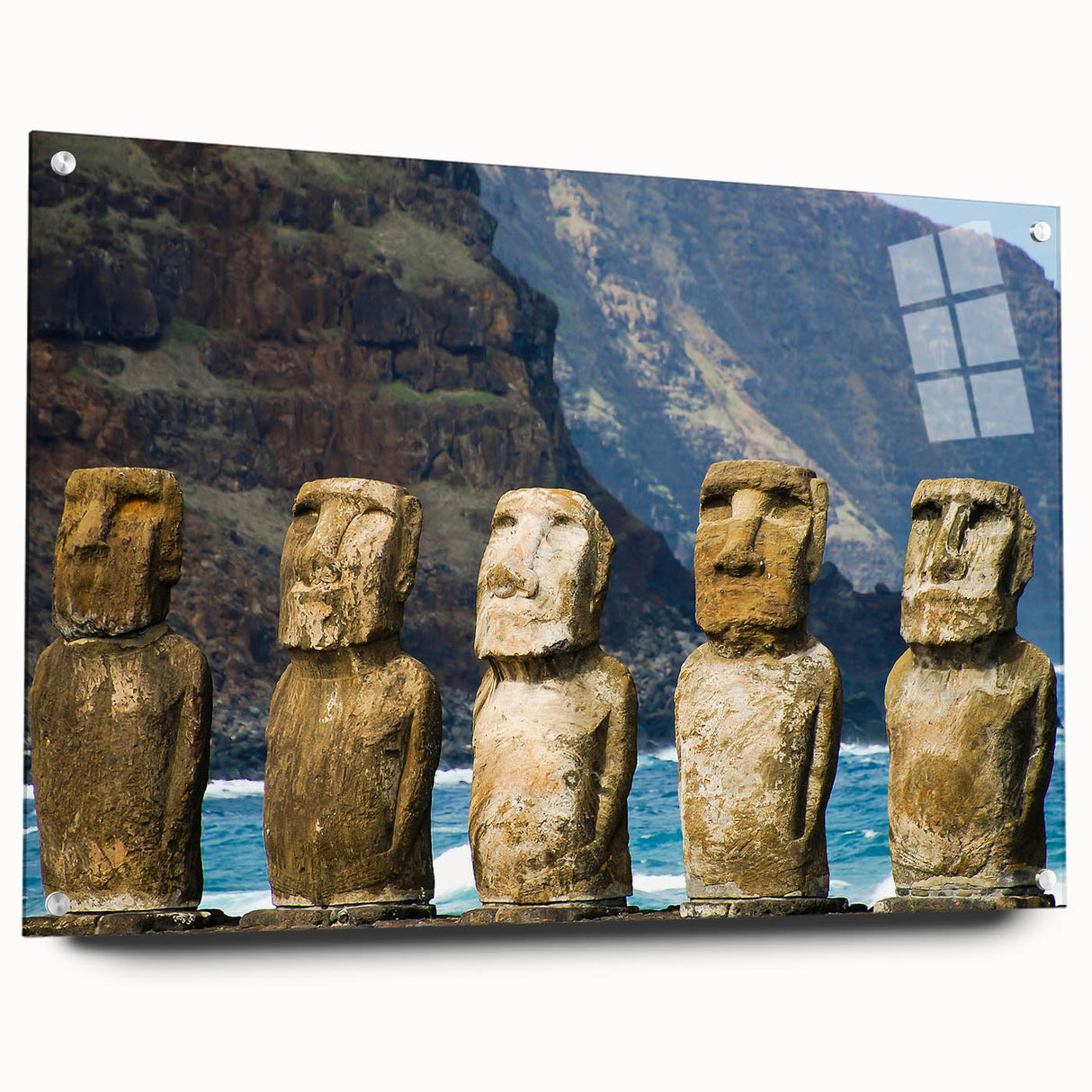 Acrylic print of Easter Island scenery with muted earth tones, ideal for bedroom or dining room decor.