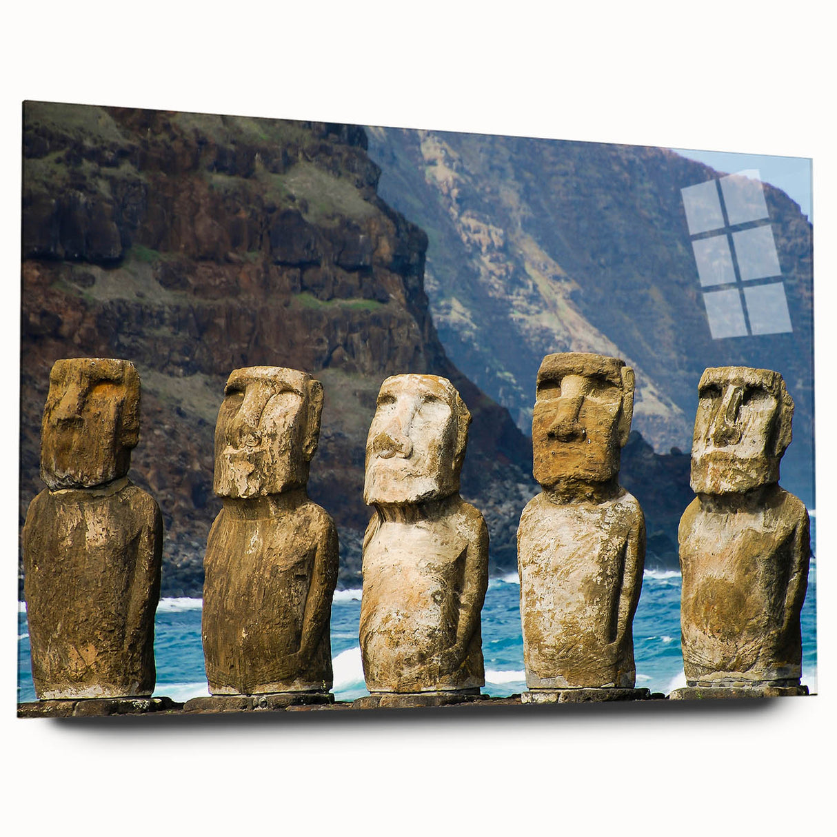 Acrylic print of Easter Island statues in muted earth tones, suitable for bedroom or dining room decor.
