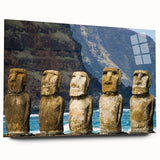Acrylic print of Easter Island statues in muted earth tones, suitable for bedroom or dining room decor.