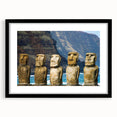 Abstract art print of Easter Island scenery in vibrant, colorful hues on a large framed canvas, ideal for living room decor.