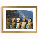 Extra large framed wall art of Easter Island scenery in gold frame, featuring muted earth tones, ideal for living room decor.