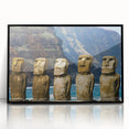 Large abstract wall art depicting Easter Island statues in muted earth tones on a framed acrylic.