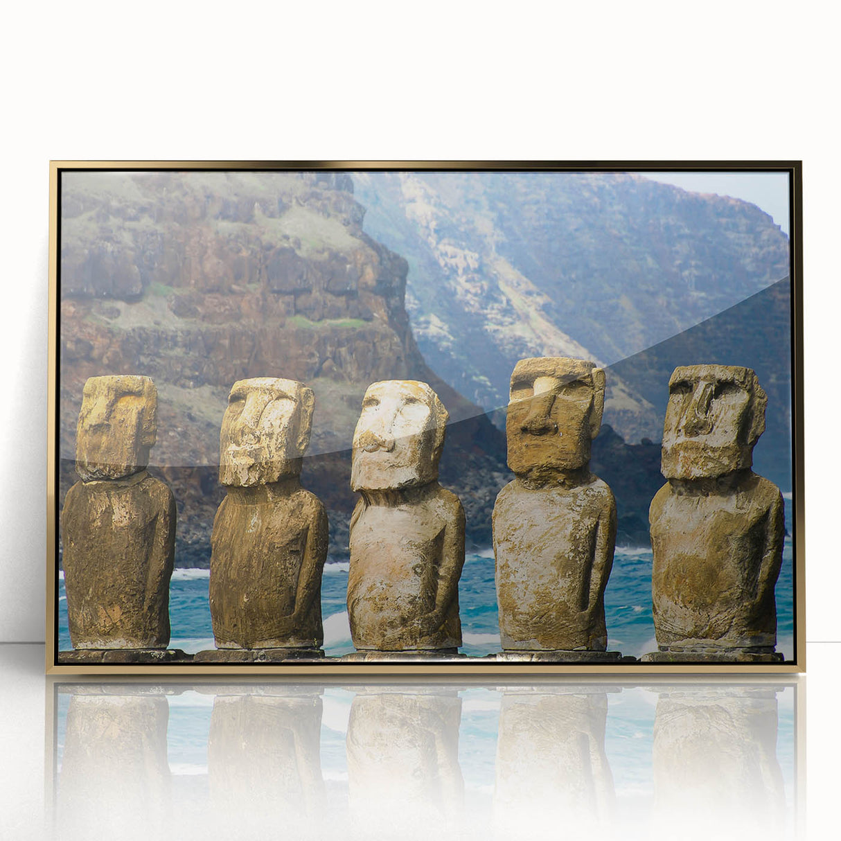 Acrylic print of Easter Island scenery with muted earth tones in a gold frame, suited for modern art wall decor.