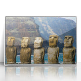 Modern art wall decor featuring Easter Island statues in muted gray on white acrylic, framed, ideal for nursery wall art.