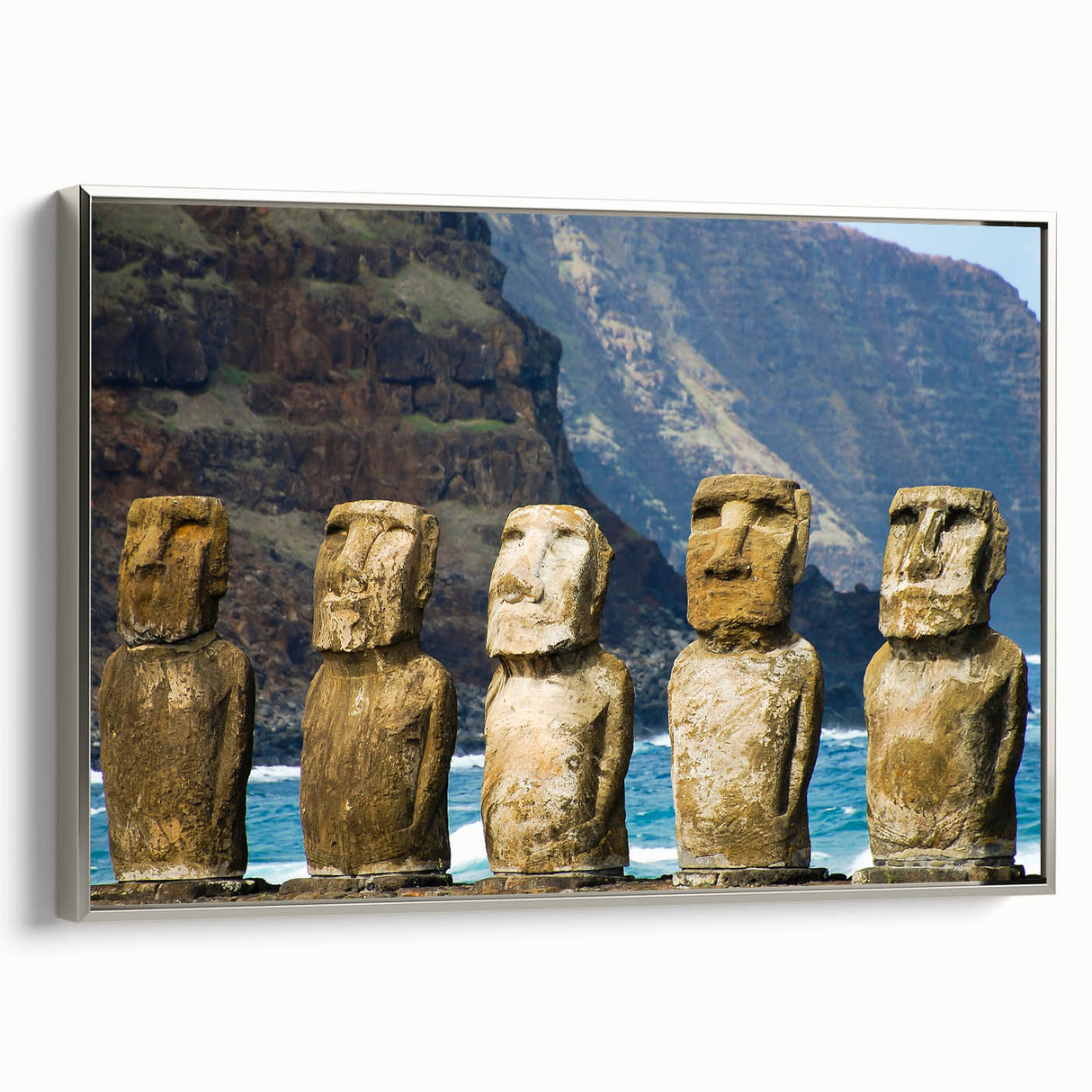 Framed canvas featuring a landscape art painting of Easter Island with muted earth tones.