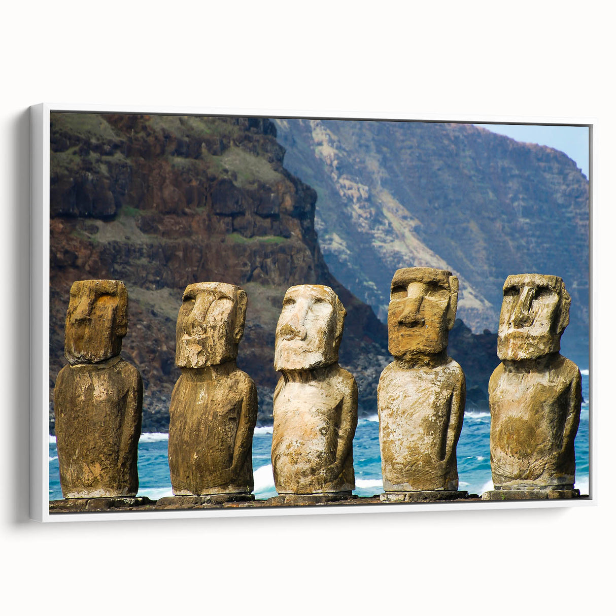 Framed canvas vintage poster art featuring Easter Island statues in muted earth tones.