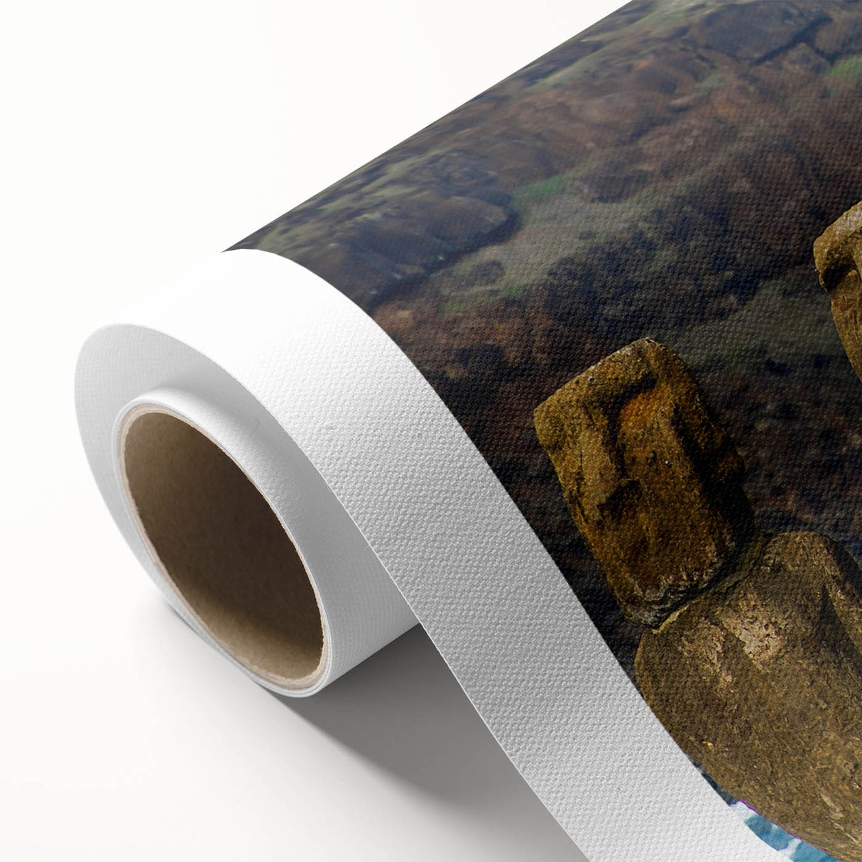 Art deco poster of Easter Island statues in muted earth tones on rolled canvas.