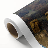 Art deco poster of Easter Island statues in muted earth tones on rolled canvas.