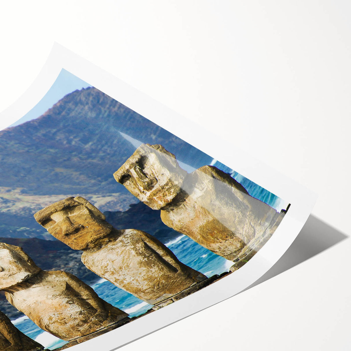 Extra large wall art featuring line art flowers and Easter Island scenery in muted earth tones on rolled print.