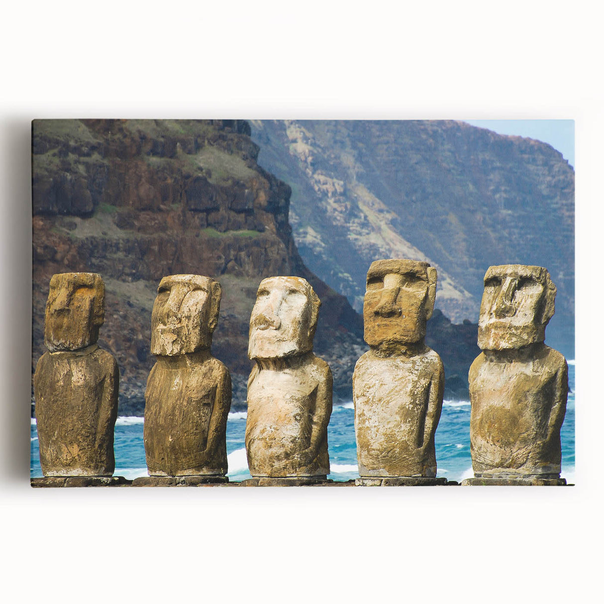 Black and white stretched canvas featuring large Easter Island statues, ideal for kitchen wall art.
