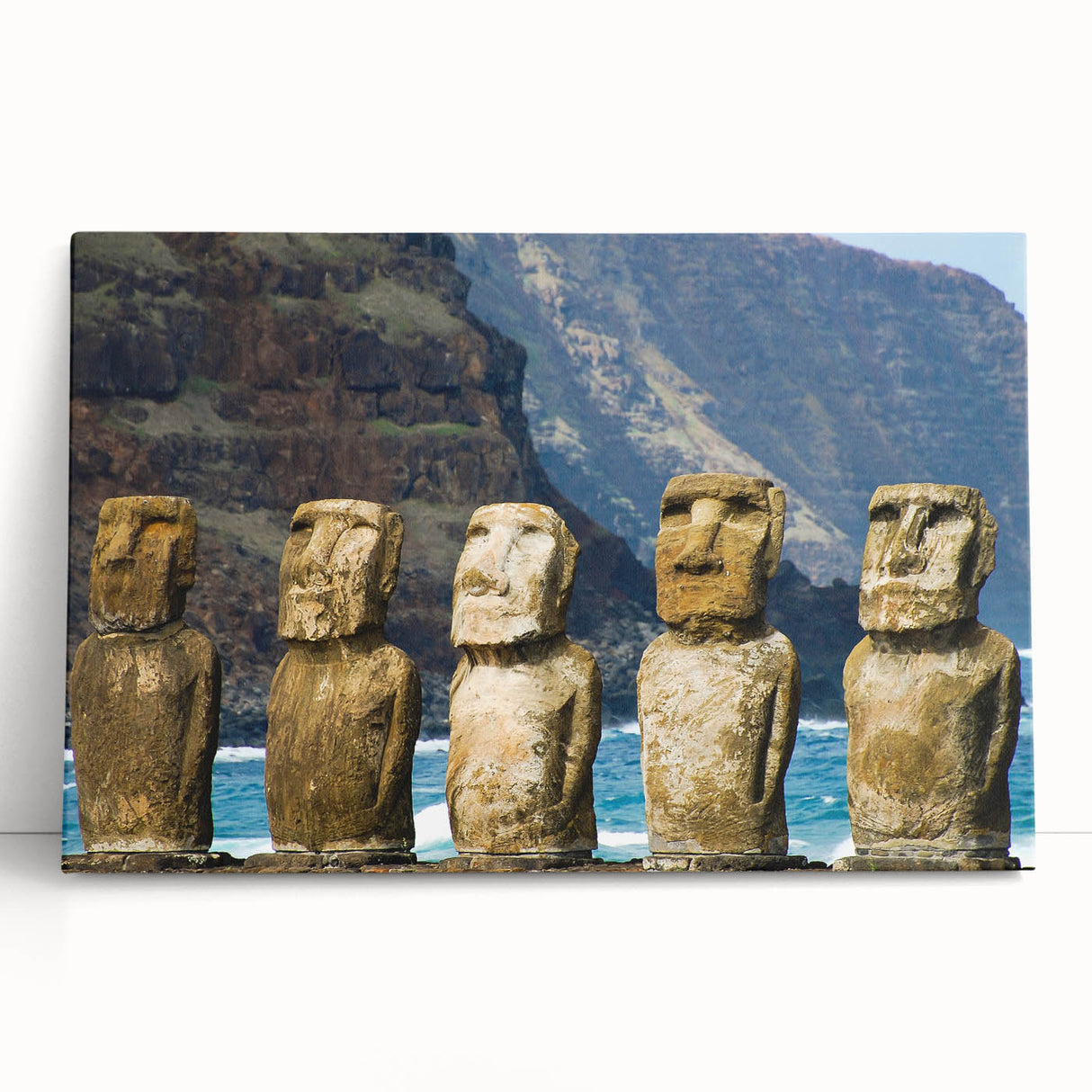 Easter Island statues in black and white on large stretched canvas, ideal for kitchen wall art or bedroom decor.