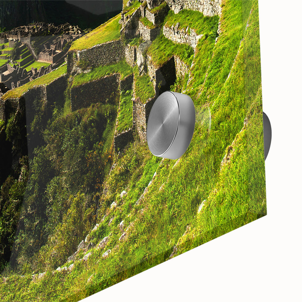 Acrylic print of Machu Picchu in muted earth tones, ideal for dining room art in a mid-century modernist style.