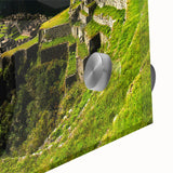 Acrylic print of Machu Picchu in muted earth tones, ideal for dining room art in a mid-century modernist style.