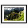 Extra large framed print of abstract Machu Picchu in vibrant colors, ideal for living room decor.