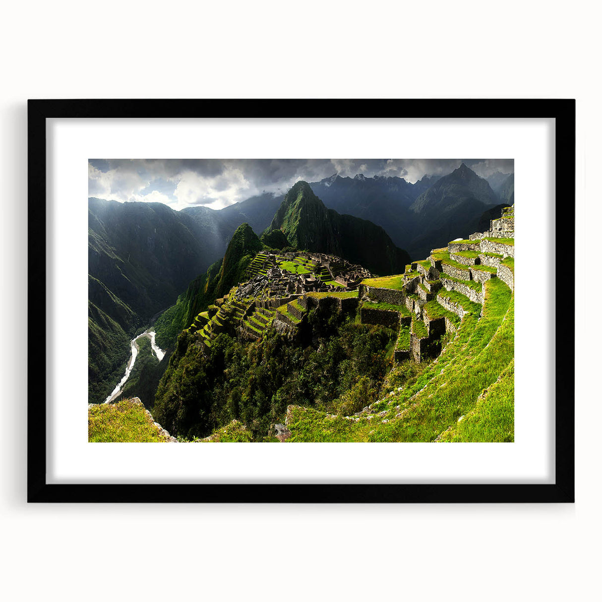 Extra large framed print of abstract Machu Picchu in vibrant colors, ideal for living room decor.