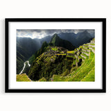 Extra large framed print of abstract Machu Picchu in vibrant colors, ideal for living room decor.