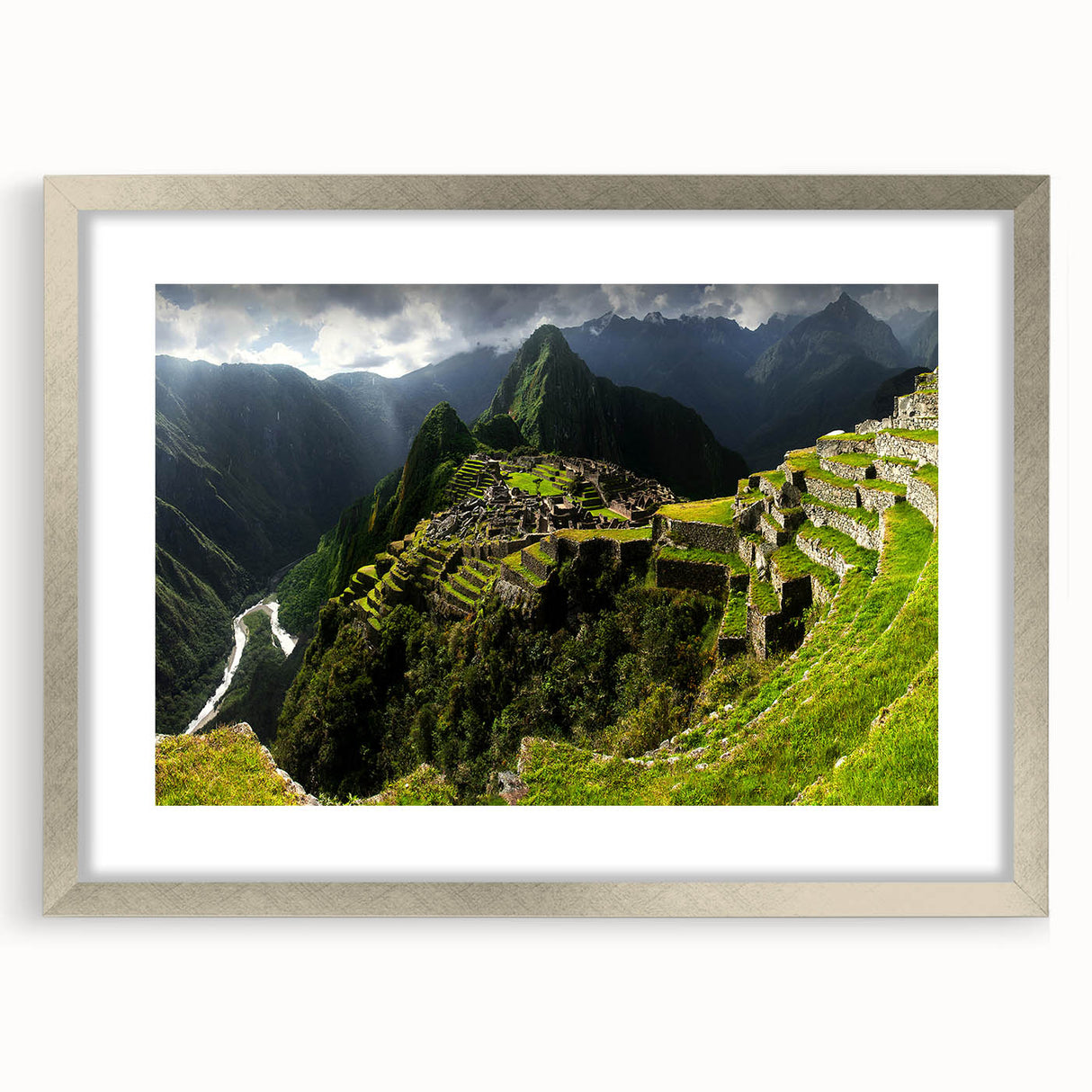 Textured art print of Machu Picchu in abstract style with muted earth tones on a silver-framed mat, suitable for bedroom art.