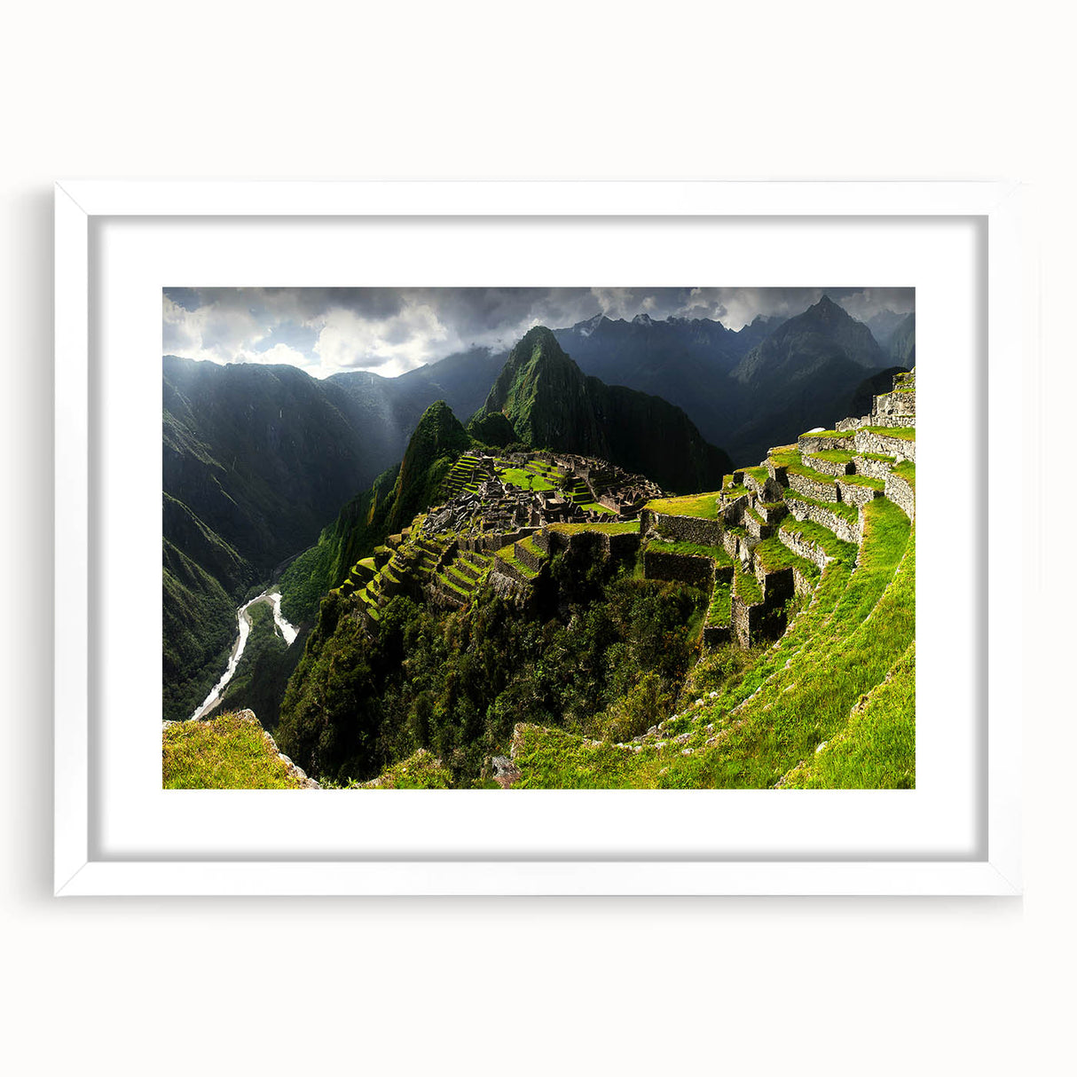 Abstract art print of Machu Picchu in muted earth tones on a framed white mat, ideal for dining room decor.