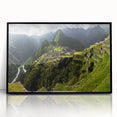 Framed acrylic print depicting an abstract rendition of Machu Picchu in muted earth tones, ideal for modern art wall decor.