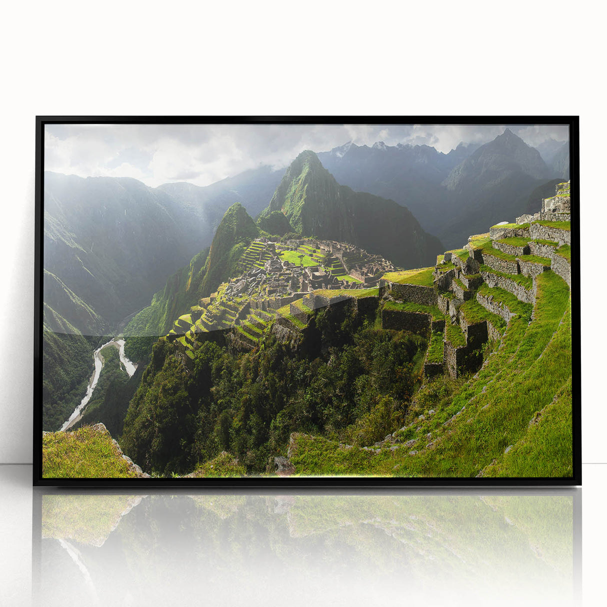 Framed acrylic print depicting an abstract rendition of Machu Picchu in muted earth tones, ideal for modern art wall decor.