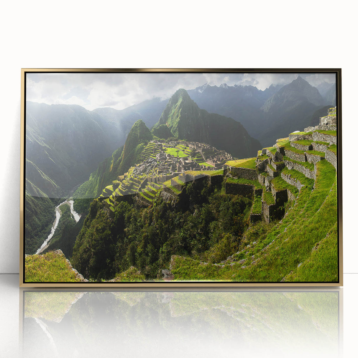 Framed acrylic print of Machu Picchu in muted earth tones, ideal for modern art wall decor.