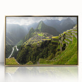 Framed acrylic print of Machu Picchu in muted earth tones, ideal for modern art wall decor.
