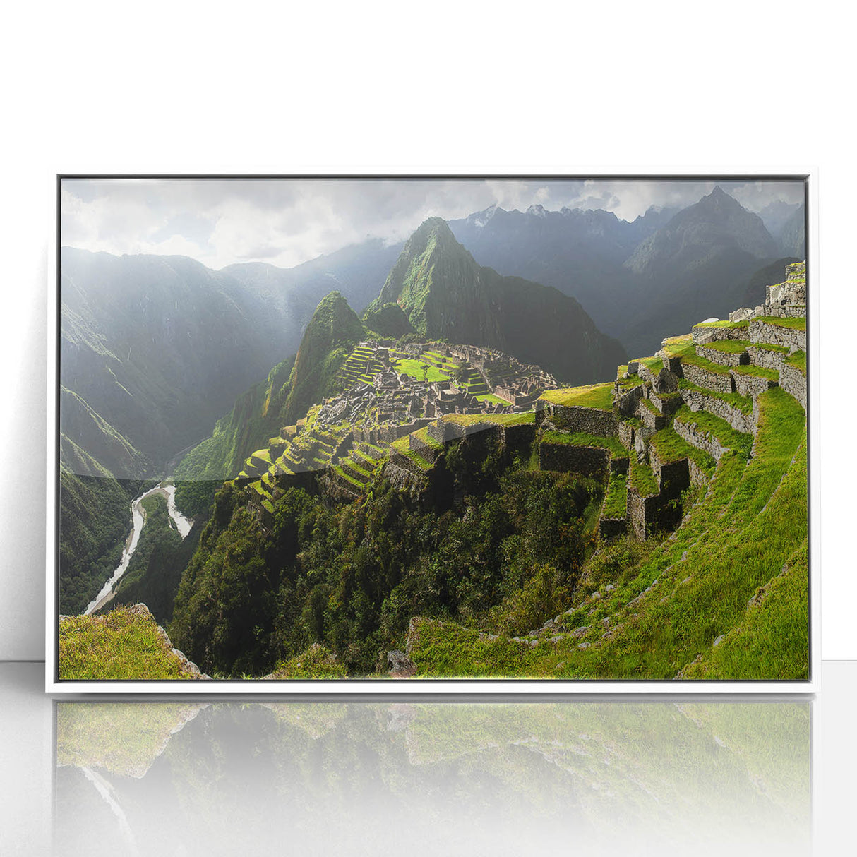 Acrylic print of Machu Picchu in muted earth tones, framed in white, suitable for modern art wall decor.