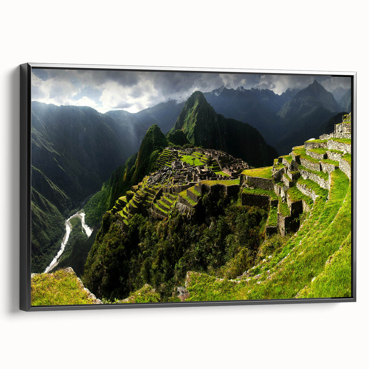 Black and white framed canvas of Machu Picchu in a vintage poster style, ideal for bedroom wall decor.