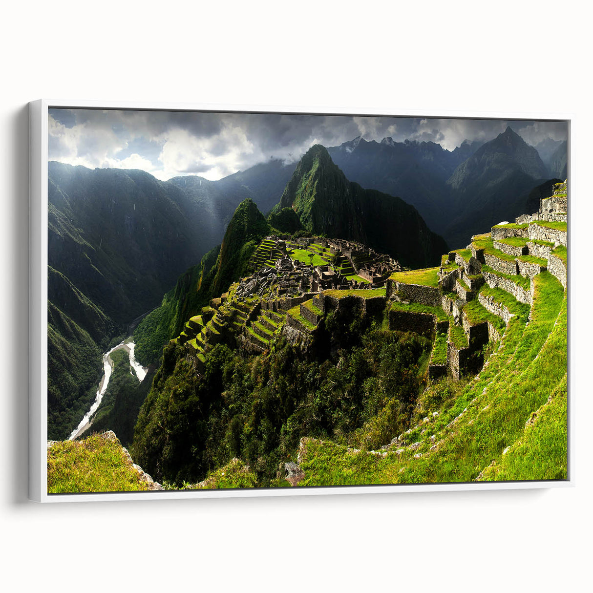 Framed canvas vintage poster art of Machu Picchu in colorful tones, ideal for living room decor.