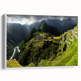 Framed canvas vintage poster art of Machu Picchu in colorful tones, ideal for living room decor.