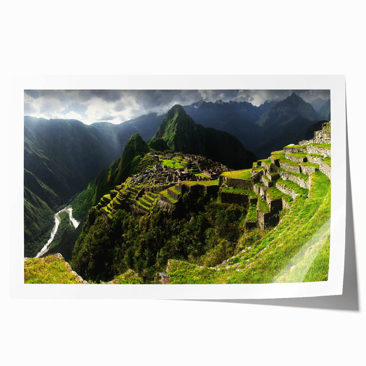 Rolled print of Machu Picchu in muted earth tones, ideal for art wall dining room.