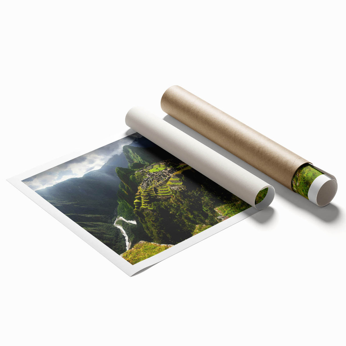 Extra large wall art of Machu Picchu in soft green and gray tones, printed on rolled canvas, suitable for a classy bathroom.