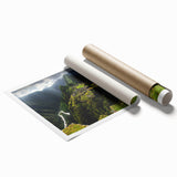 Extra large wall art of Machu Picchu in soft green and gray tones, printed on rolled canvas, suitable for a classy bathroom.