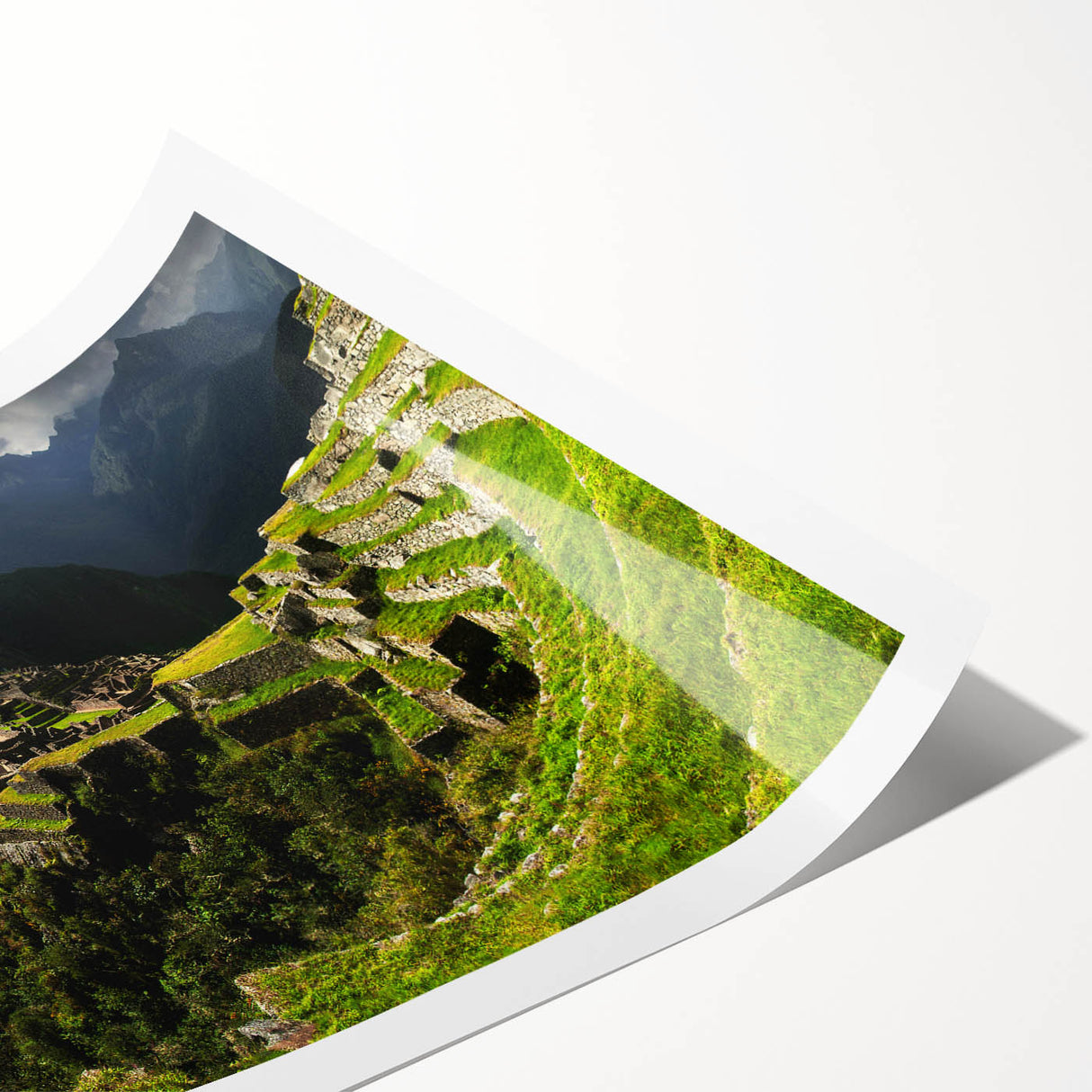 Extra large wall art of Machu Picchu in muted green and brown tones, rolled print, suitable for large living room decor.