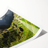 Extra large wall art of Machu Picchu in muted green and brown tones, rolled print, suitable for large living room decor.