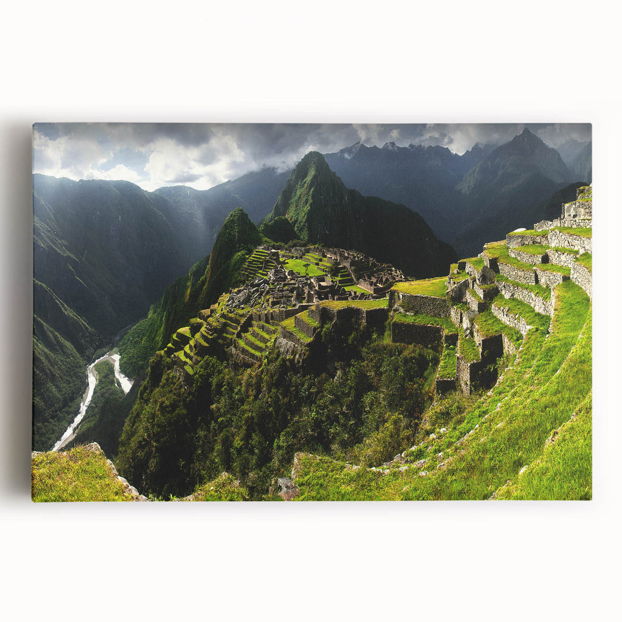 Black and white stretched canvas of Machu Picchu, ideal for kitchen wall art.