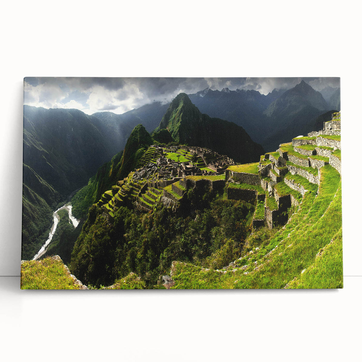 Black and white stretched canvas of Machu Picchu, ideal for kitchen wall art or bedroom ambiance.