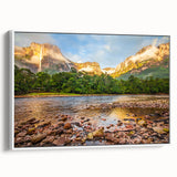 Framed canvas of a vintage poster art depicting colorful Venezuelan scenery, ideal for living room decor.