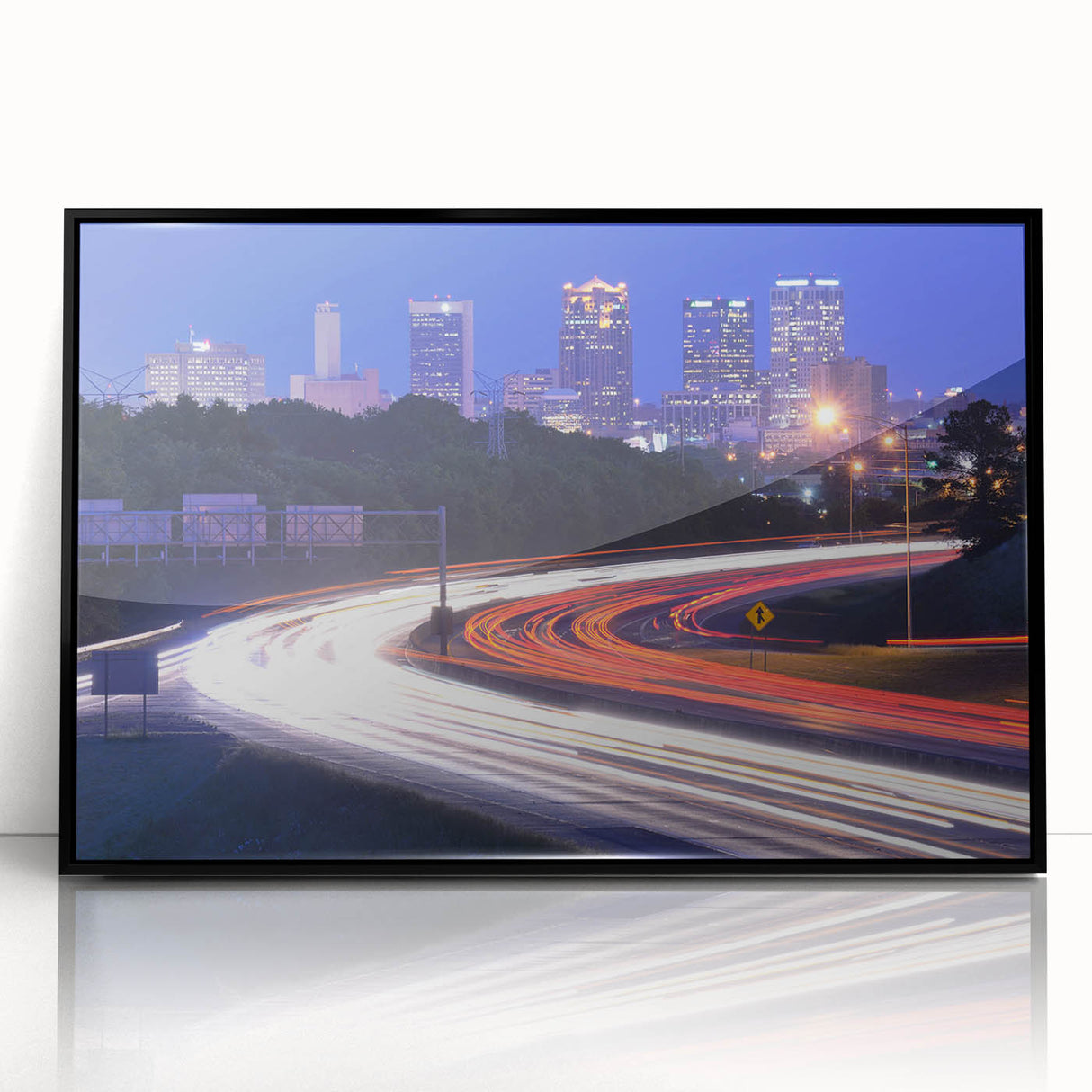 Large abstract wall art depicting a vibrant Alabama landscape in mid-century modernist style on framed acrylic.