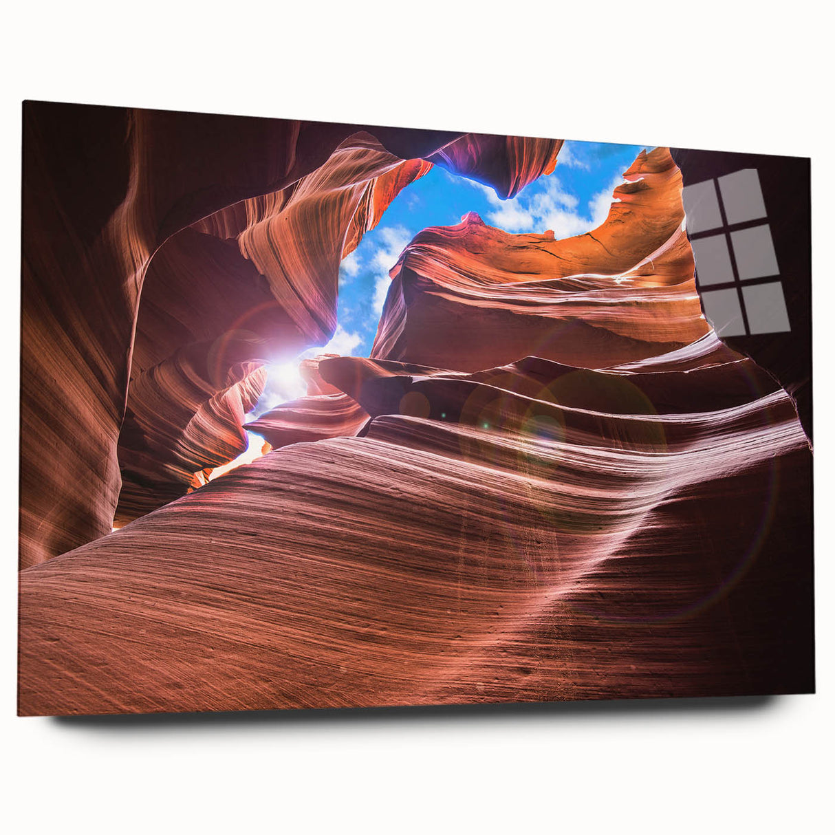 Large abstract wall art of Arizona's Antelope Canyon in vibrant orange and red tones on acrylic glass.
