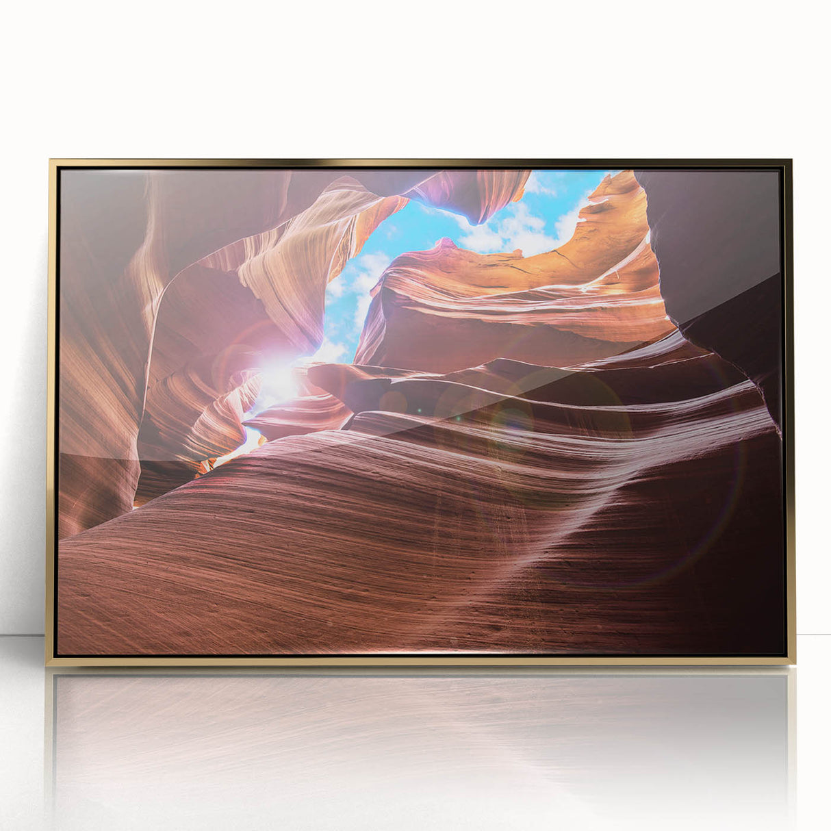 Framed acrylic print of Antelope Canyon in Arizona, featuring warm earth tones, ideal for modern art wall decor.