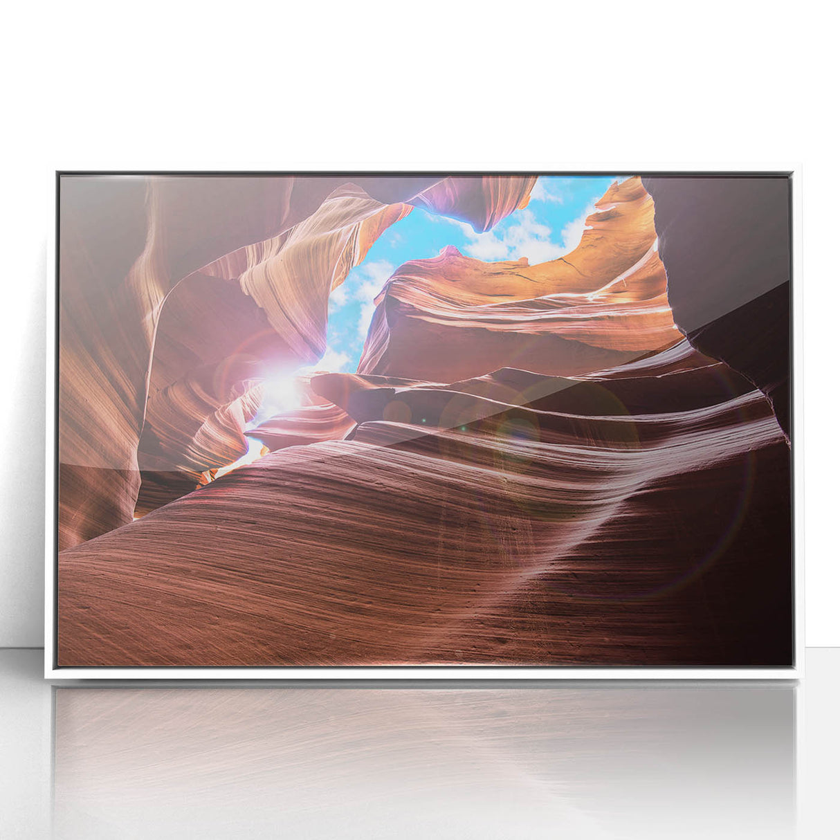 Acrylic print of Antelope Canyon in Arizona with rich orange and red tones, ideal for modern art wall decor.